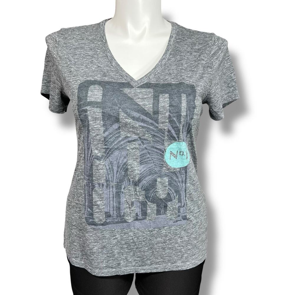 Old Navy Womens T Shirt Top Graphic Print Short Sleeve V Neck Gray Teal Large